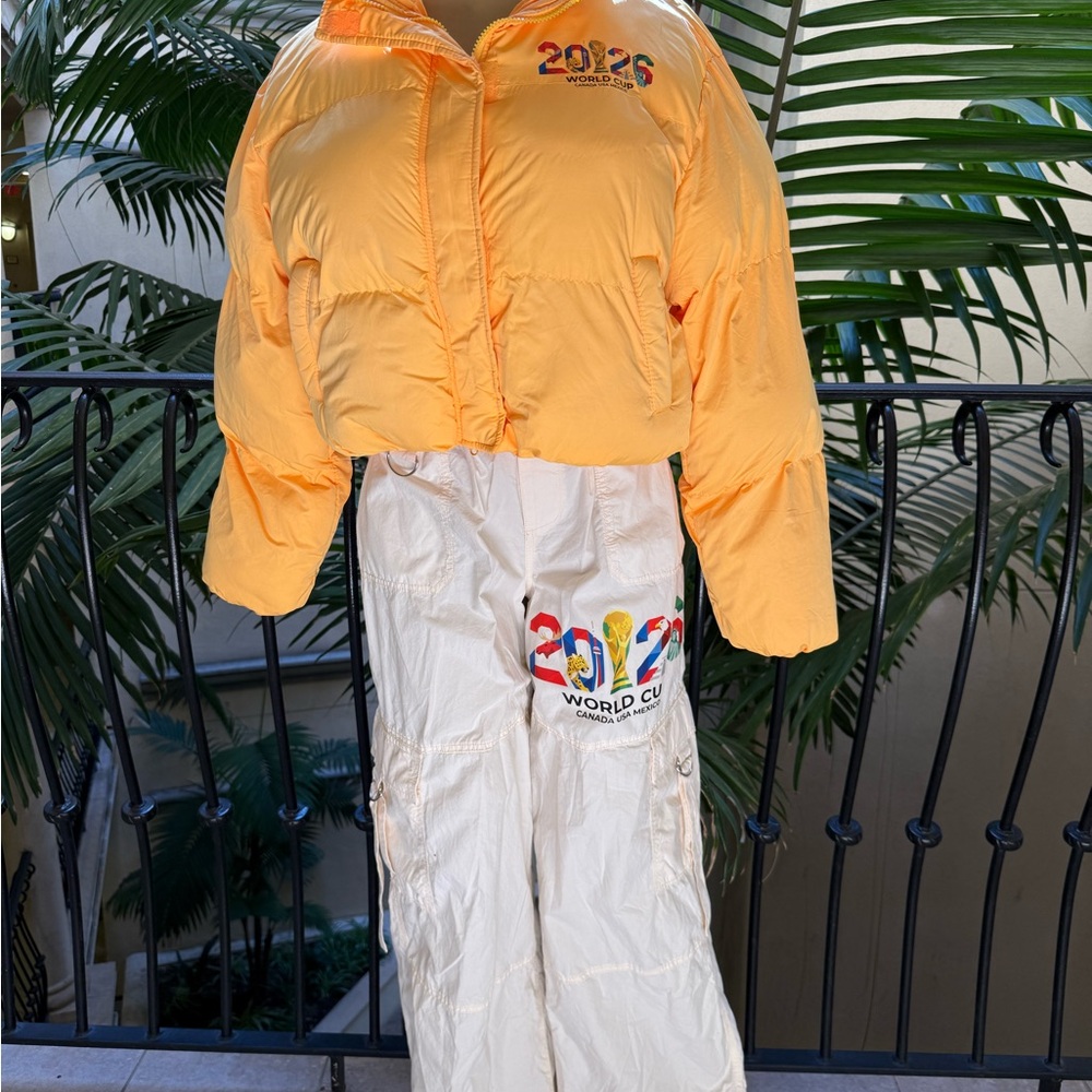 Yellow 2026 World Cup Puffer Jacket & Ivory Logo Snow Pants Set
